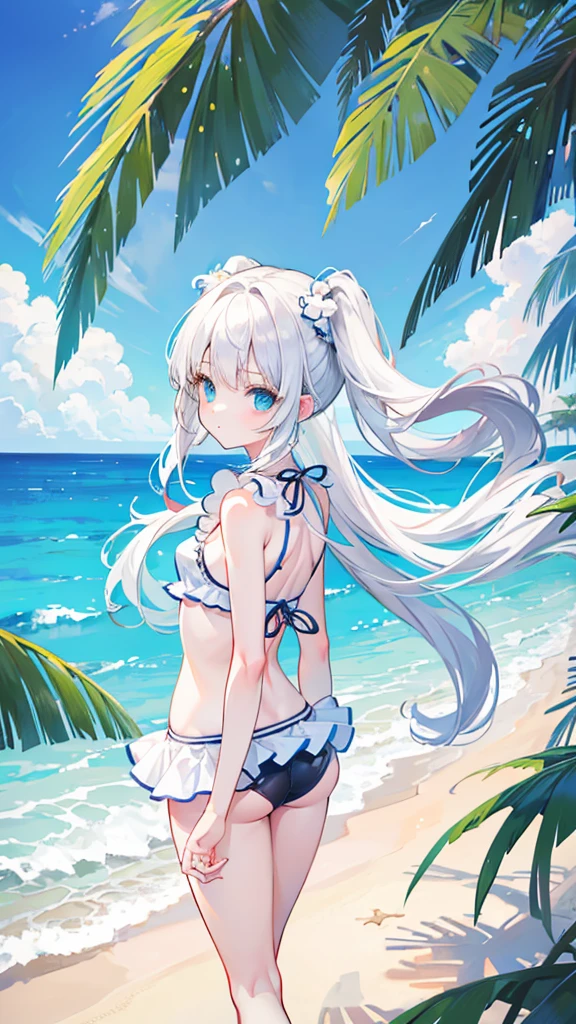 A cool white girl with twin ponytails(Full body picture),High-resolution details,Beach,coconut tree,(Happy, cheerful and lively),Perfect body,(Super clear picture quality),(String-style swimsuit with cute pattern)(Portrait portrait)(Standing sideways)Front convex and back curved,(Hands tying hair)(Slender and slender)