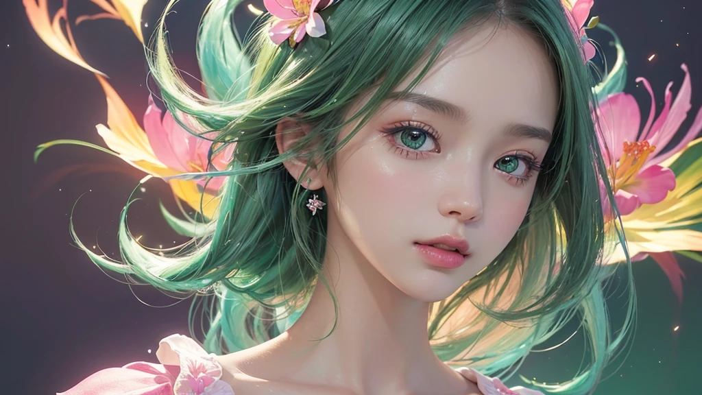 One girl, alone, flower畑, flower, (Official Art, unity 8k wallpaper, Super detailed, beautifully、aesthetic, masterpiece ,Highest quality:1.3), (Dynamic Angle:1.2), (Floating colorful sparkles:1) , elegant, Vibrant colors, Highly detailed face, Detailed eyes, Glowing Skin, Glossy Lips , Pale green background,