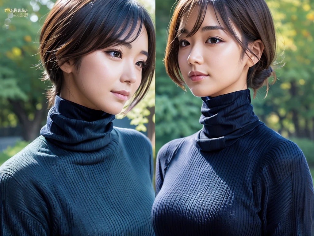 (((masterpiece, best quality,ultra-detailed,8k,high resolution))), (upper body),24 years old ,Japanese girl, 1girl, short hair, (Cover half face with a turtleneck sweater:1.9)