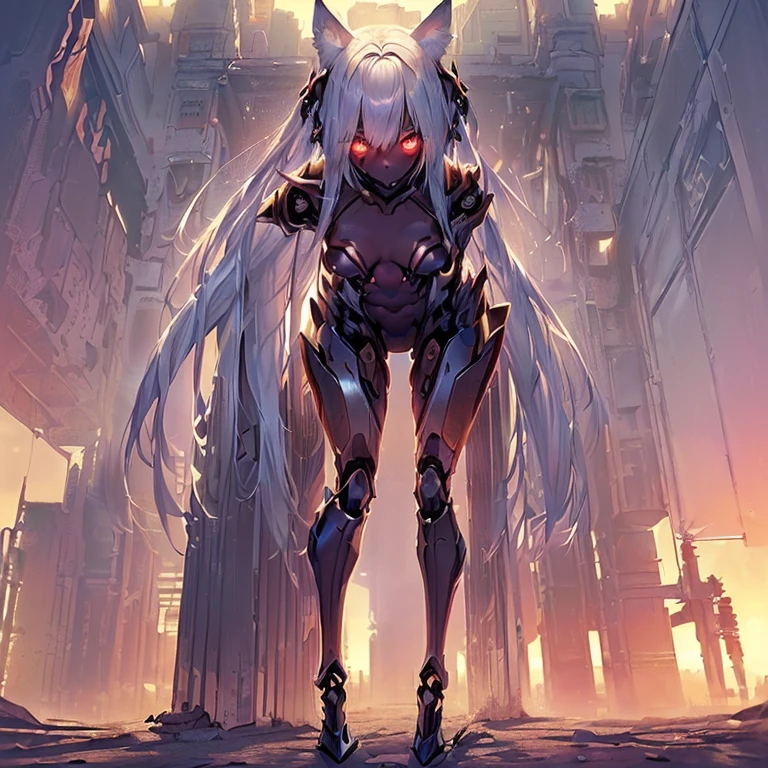 (Fox Girl, Fox Ears, Silver Hair, Fox Makeup, One Girl, Long Hair, Alone on the screen, dark skin, High definition, high resolution:1.6), (mecha musume, Machinery Parts,Robot Joints, White and red clothes, face以outside全身機械スーツ:1.8), (Body measurements are 75-60-75!, Young girl body, Small breasts, hand between legs, Creating a valley, bent over, slender, muscle:1.9), Avatar, face, 色っぽいface, Dominant representation, naughty face, Uplifting, Skin Texture, outside, ruins, Ruined City, Broken Building, There are no people