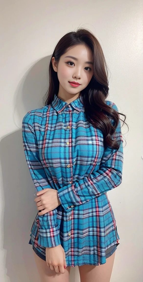 Highest quality, 1 beautiful woman, 28 years old, s, 35mm lens, F/1, Cowboy shot, Specific Background、Tiled background、Perm、dress,sweat　plaid shirt、Money