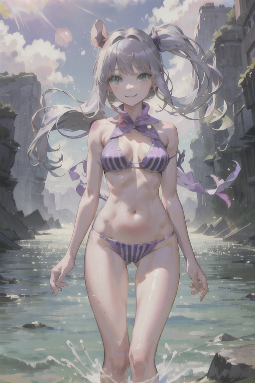 masterpiece, 4K, (Lens flare:1.4), (Wind:1.4), river, girl, Happy, smile, View your viewers, Striped Hair ((black:1.4)) ((purple:1.4)), Green Eyes, Pale skin, thin, Mouse-themed bikini, 20-year-old, in the river, Splash, cute, Ground level shot