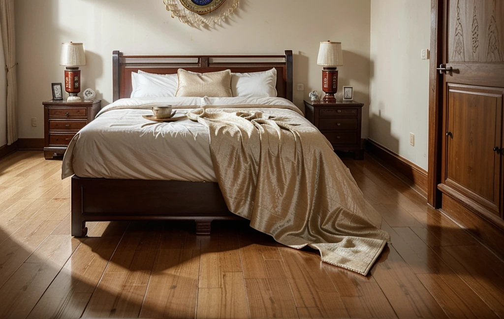 (Chinese style interior, , Realistic documentary photography, show history,)bedroom, front perspective, fan details, Jun porcelain hand fan, parquet floor, Calm and elegant, Auspicious cloud mural,