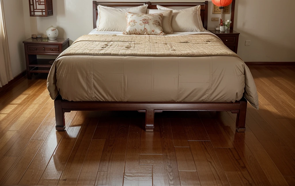 (Chinese style interior, , Realistic documentary photography, show history,)bedroom, front perspective, fan details, Jun porcelain hand fan, parquet floor, Calm and elegant, Auspicious cloud mural,