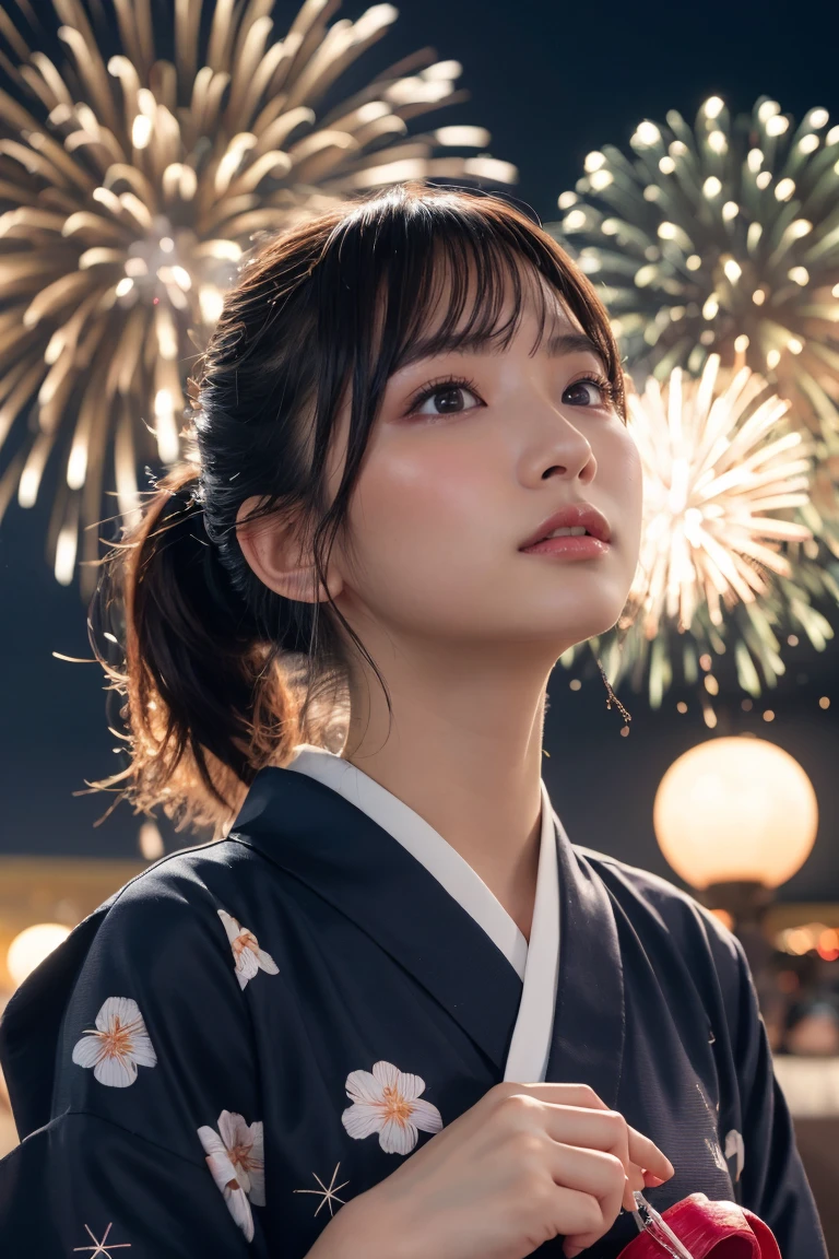 Highest quality, The finer details, (Beautiful One Woman))), Highly detailed eyes and face, firework, yukata, looking up at firework, ponytail, Large tear bags, double eyelid