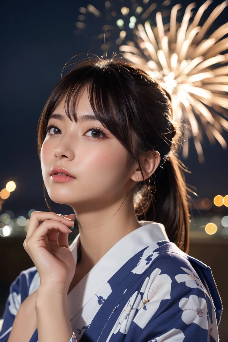 Highest quality, The finer details, (Beautiful One Woman))), Highly detailed eyes and face, firework, yukata, looking up at firework, ponytail, Large tear bags, double eyelid
