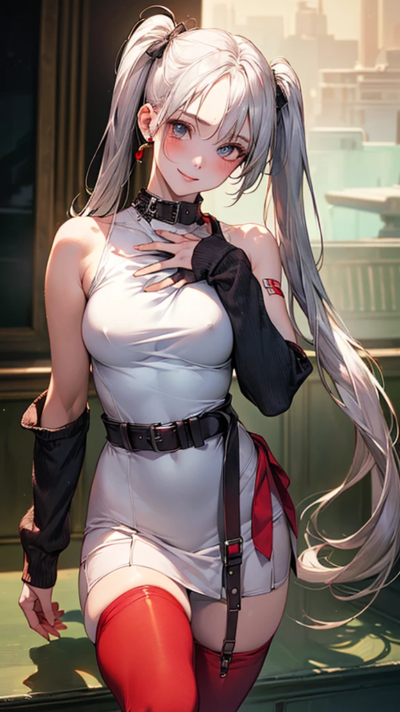 (masterpiece:1.2, highest quality), (Realistic, photoRealistic:1.4), Beautiful illustrations, (Natural Side Lighting, Cinema Lighting),Say OK to your audience, Upper Body, (Front view), 1 girl, Perfect Face, Symmetrical cute face, Shiny skin, Baby Face, Long eyelashes, (large Breasts:1.2), (Wide Hips:1.2),Beautiful Hair, Beautiful Face, Beautiful and beautiful eyes, Beautiful body, Beautiful breasts, beautiful Thighs, Beautiful legs, Beautiful fingers,(Beautiful views:1.2),(Cute Smile:1.2, Superior),Silver Hair, (Light clothing),(Very long twin tails:1.5), (White mini dress), High neck, (sleeveless),( White Body Conscious:1.5), (Red tights:1.5), Thighs, Jacket,(Punk Style:1.5),(Belted clothing:1.5),(Wrap a belt around your chest:1.5)