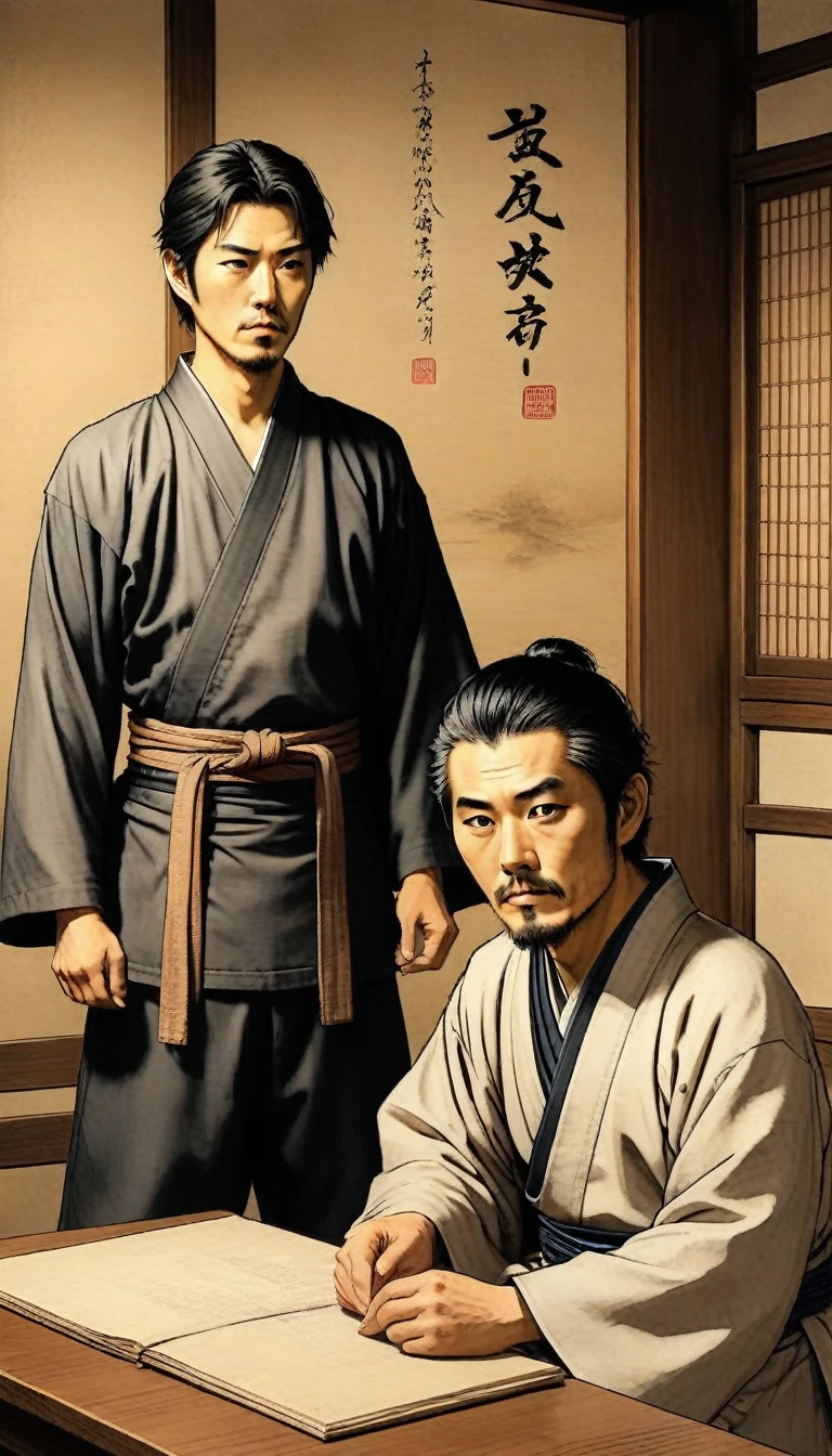 Kuroda Kanbei discussing the plan to make Hashiba Hidetoshi the adopted son of Mori Terumoto, with a scheming look on his face, digital art