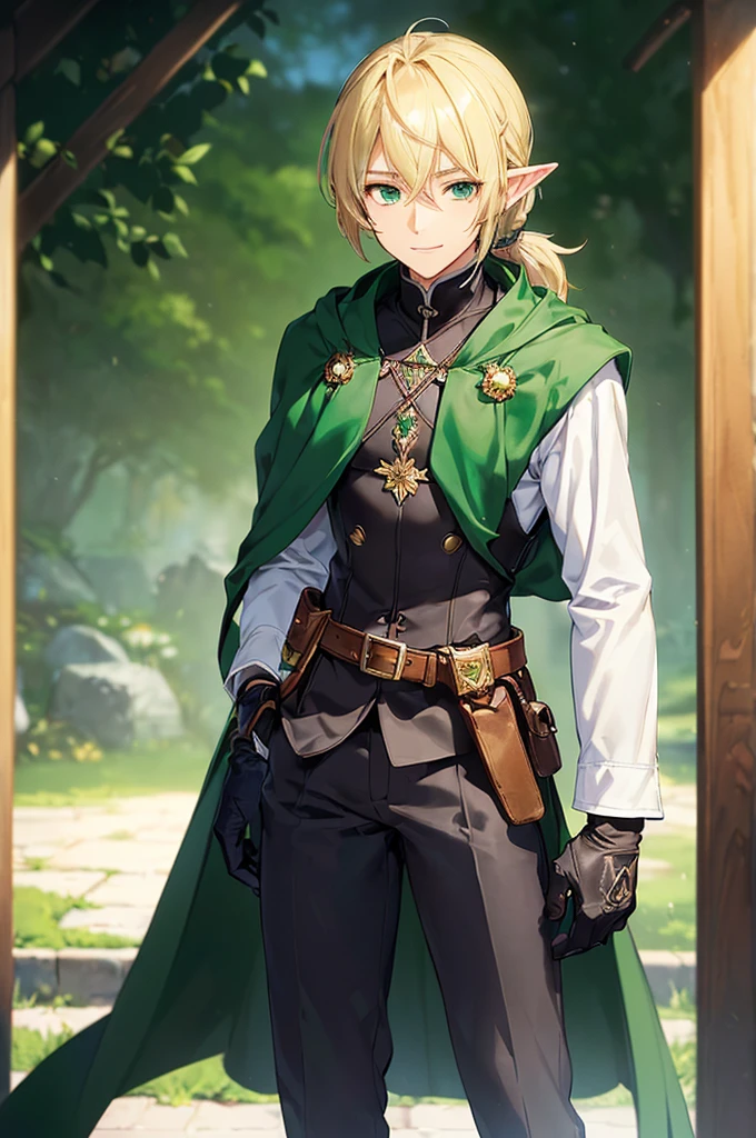 (((masterpiece; best quality: 1.2))), (finely detailed eyes: 1.3), (25 year old elf man), (solo), (green eyes: 1.4), (body; toned, fit, masculine: 1.3), (silky blonde hair in low ponytail: 1.3), (beautiful and clear background: 1.2), ((depth of field)), (equipment: adventurer garb + modest + elegant slim fedora + dark overcoat + dark long cape + black pants + gloves + belt + pouches: 1.3), (anime illustration: 1.2), (background composition; royal garden: 1.1), (extremely fine and handsome: 1.1), (shot composition; standing + centered on torso + close-up: 1.5), (expression; calm, smile: 1.2)