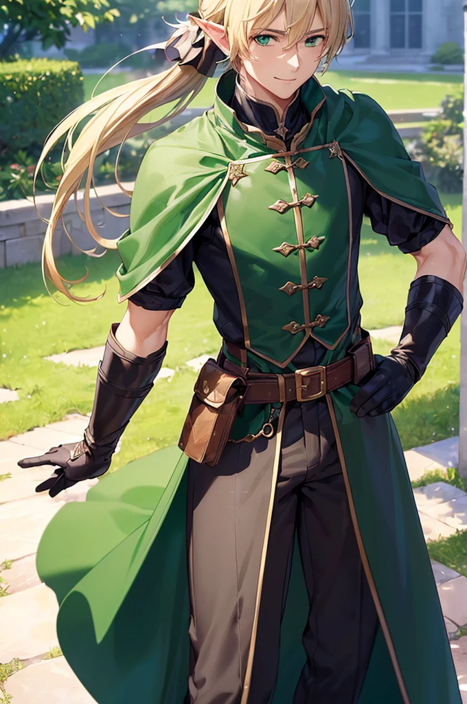 (((masterpiece; best quality: 1.2))), (finely detailed eyes: 1.3), (25 year old elf man), (solo), (green eyes: 1.4), (body; toned, fit, masculine: 1.3), (silky blonde hair in low ponytail: 1.3), (beautiful and clear background: 1.2), ((depth of field)), (equipment: adventurer garb + modest + elegant slim fedora + dark overcoat + dark long cape + black pants + gloves + belt + pouches: 1.3), (anime illustration: 1.2), (background composition; royal garden: 1.1), (extremely fine and handsome: 1.1), (shot composition; standing + centered on torso + close-up: 1.5), (expression; calm, smile: 1.2)