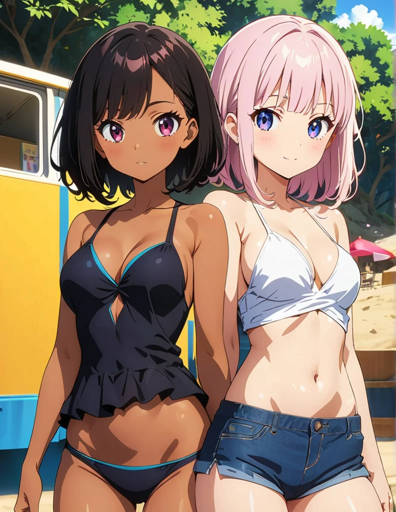 (anime artwork, anime style, studio anime, very detailed, up to date, vibrant, Anime Coloring, high contrast, masterpiece:1.2, best quality, best aesthetics),2 girl,hug from behind,bikini, Medium chest, A glimpse of thighs,random hair, One eye is hidden by the bangs, perfect proportions, high detail skin, Cute, detailed faces,beach, precise fingers,curvy,swim suits crowd, dark skin,cocoa skin, swim suit tanned,full body