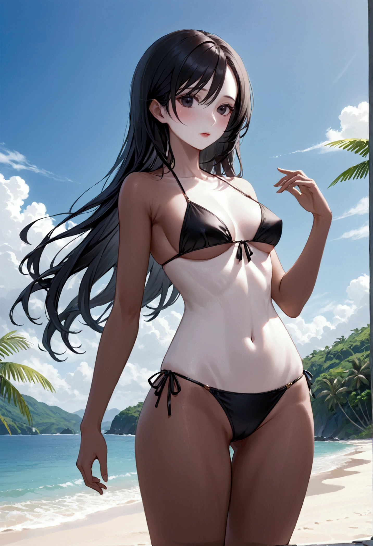 Girl with long dark black, dark black eyes,white skin, tall rectangular body figure, mature, bikini