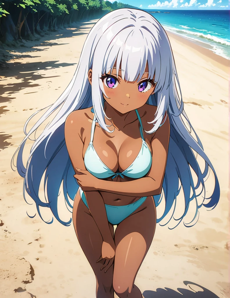 (anime artwork, anime style, studio anime, very detailed, up to date, vibrant, Anime Coloring, high contrast, masterpiece:1.2, best quality, best aesthetics),2 girl,hug from behind,bikini, Medium chest, A glimpse of thighs,random hair, One eye is hidden by the bangs, perfect proportions, high detail skin, Cute, detailed faces,beach, precise fingers,curvy,swim suits  crowd, dark skin,cocoa skin, swim suit tanned,full body 