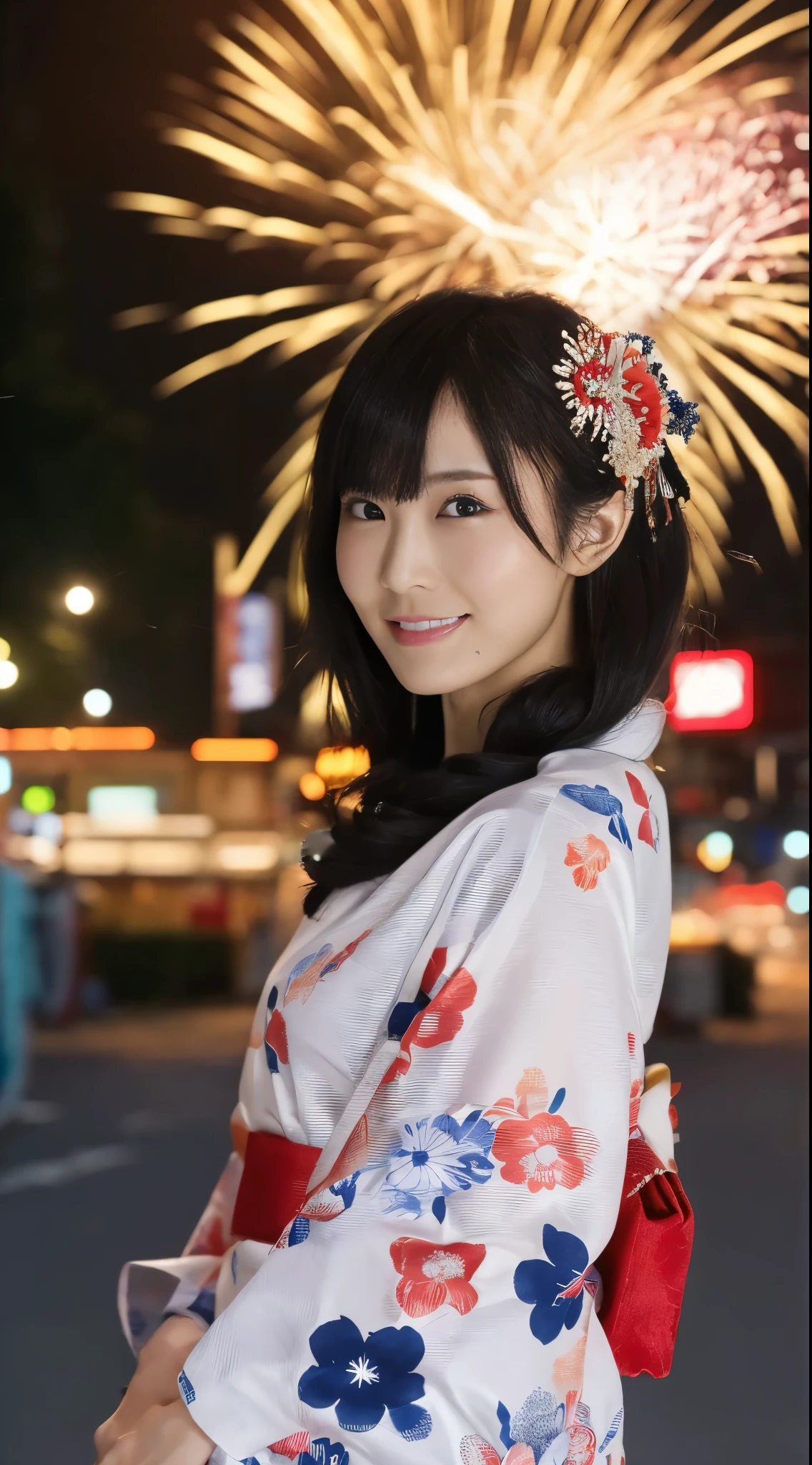 ((masterpiece(:1.4),Highest quality,Ultra-high resolution,Highest quality,8k,Extremely detailed,In detail))。night,Fireworks display,Summer festival,Opening a store,Japanese,Female college student,Yukata,Japanese hairstyle,geta,cute,Clear,(Fireworks displayのnightに河川敷で花火を背景にしたスナップ写真),Hyper Quality