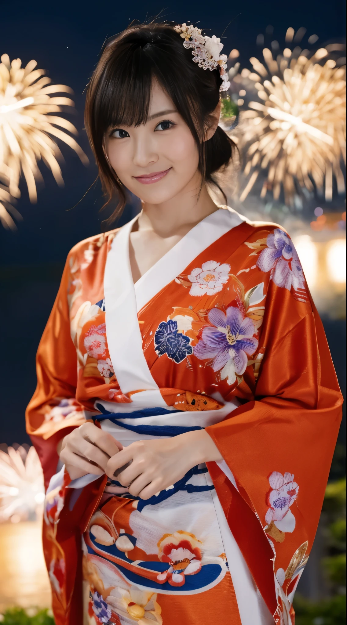 ((masterpiece(:1.4),Highest quality,Ultra-high resolution,Highest quality,8k,Extremely detailed,In detail))。night,Fireworks display,Summer festival,Opening a store,Japanese,Female college student,Yukata,Japanese hairstyle,geta,cute,Clear,(Fireworks displayのnightに河川敷で花火を背景にしたスナップ写真),Hyper Quality
