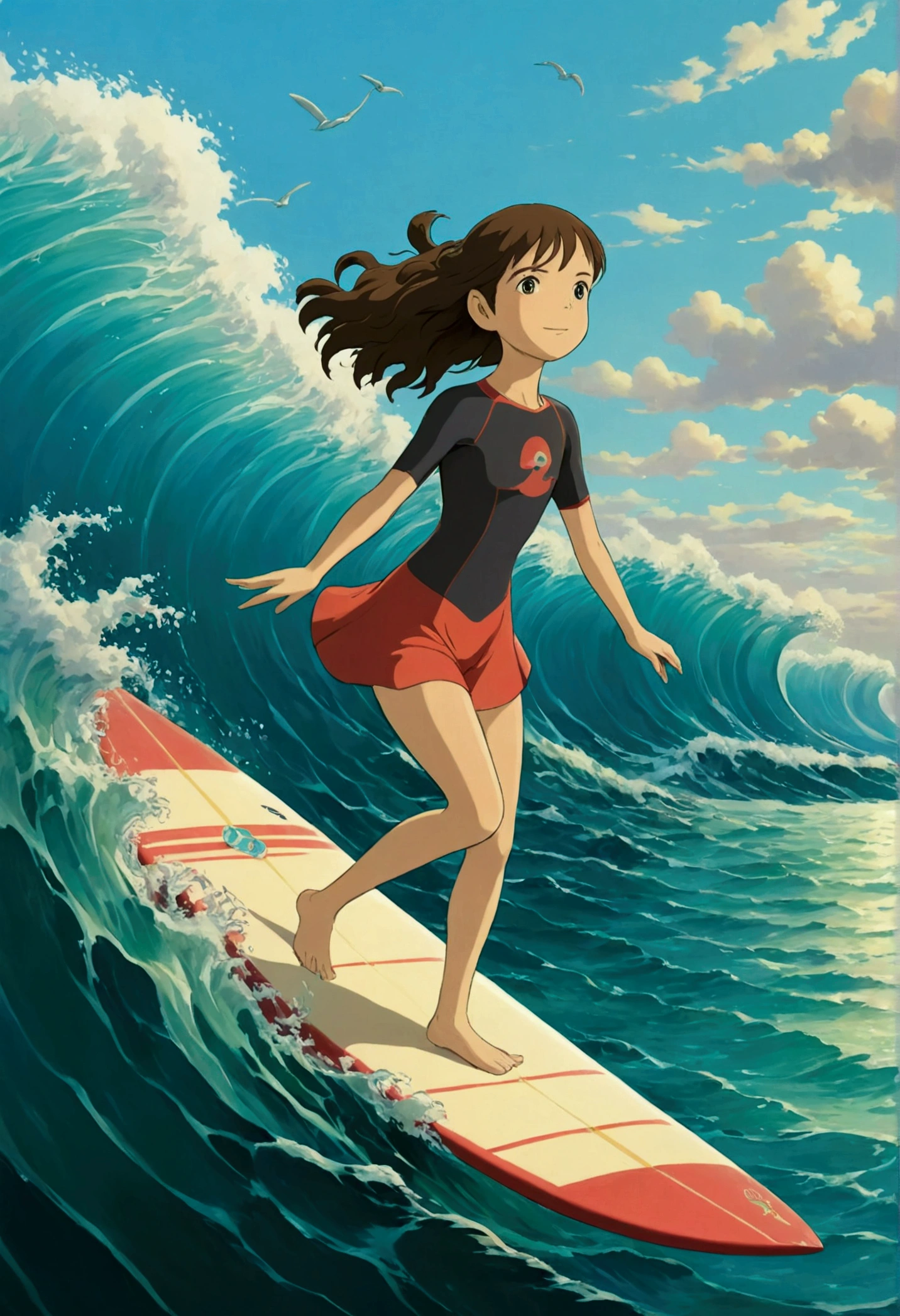 Ghibli Ocean surfing girl