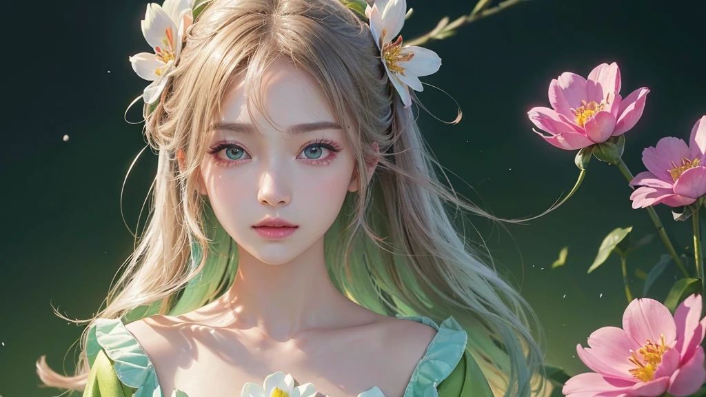 One girl, alone, flower畑, flower, (Official Art, unity 8k wallpaper, Super detailed, beautifully、aesthetic, masterpiece ,Highest quality:1.3), (Dynamic Angle:1.2), (Floating colorful sparkles:1) , elegant, Vibrant colors, Highly detailed face, Detailed eyes, Glowing Skin, Glossy Lips , Pale green background,