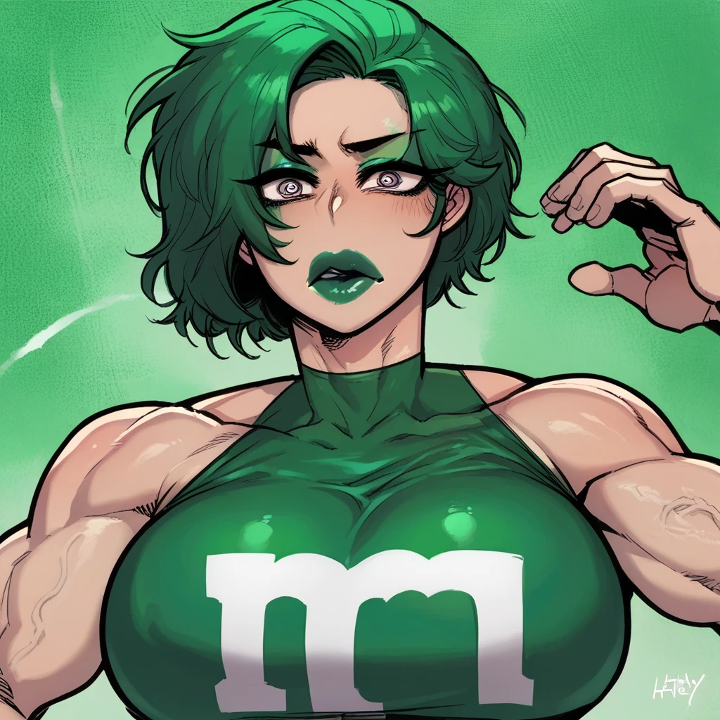 score_9, score_8_up, score_7_up, score_6_up, score_5_up, score_4_up, BREAK 1girl, ((muscular body:1)), intricate, (eyeliner:1.2), looking at viewer, green hair, green lips, detailed background,huge breasts (masterpiece, high quality:1), shock expression, upper body focus.
