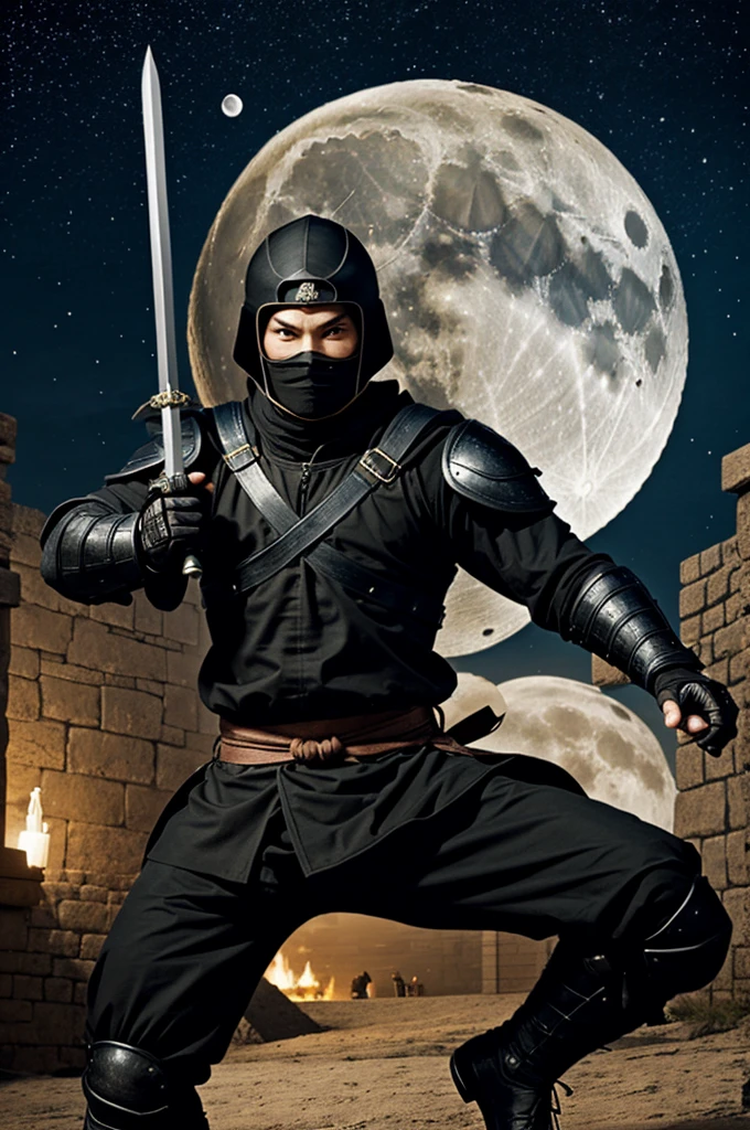 A medieval ninja with his black uniform and armor with a saber and the moon behind him