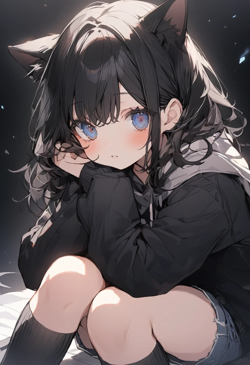 One Girl、Black Hair、Dark blue eyes、Cat ear、Black hoodie、Perfect Face、Perfect Eyes、Perfect Nose、Perfect Mouth、beautiful、delicateな目、Fair skin、cute、、cute、Sitting on the floor、Black socks、Jean Shorts、Black Background、frontを向いている、Hands hidden in sleeves、front、frontを向いている、beautiful、delicate、beautifulな線、front、Perfect Eyes