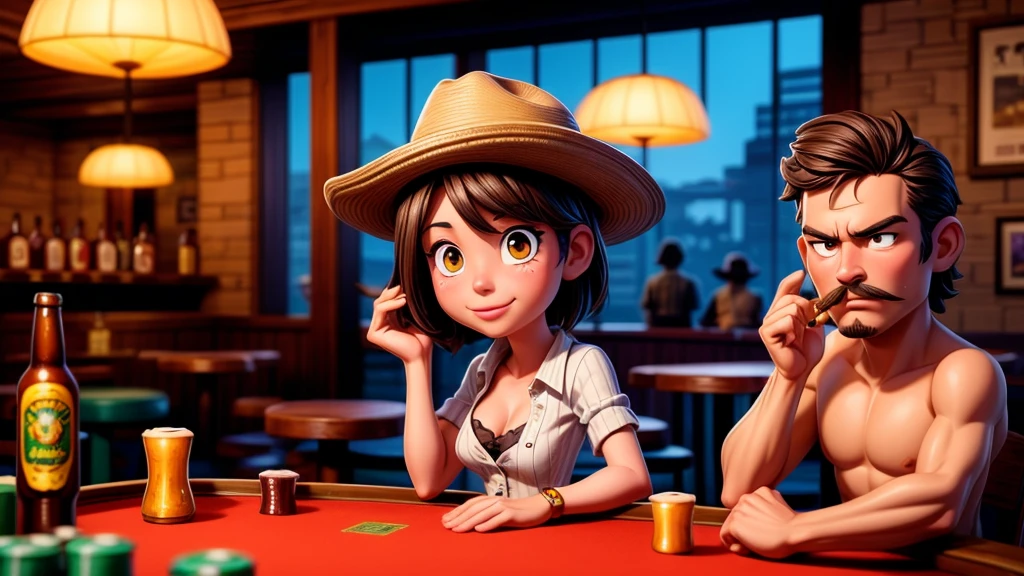 a cowgirl playing poker in a western saloon, leather jacket, jeans, beer, cigar smoke, drunk causing trouble, highly detailed, photorealistic, masterpiece, award winning, cinematic lighting, dramatic composition, warm color palette, realistic textures, extreme fine details, hyper realistic, 8k, HDR, physically-based rendering