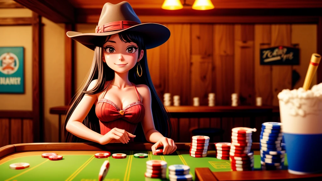 a cowgirl playing poker in a western saloon, leather jacket, jeans, beer, cigar smoke, drunk causing trouble, highly detailed, photorealistic, masterpiece, award winning, cinematic lighting, dramatic composition, warm color palette, realistic textures, extreme fine details, hyper realistic, 8k, HDR, physically-based rendering