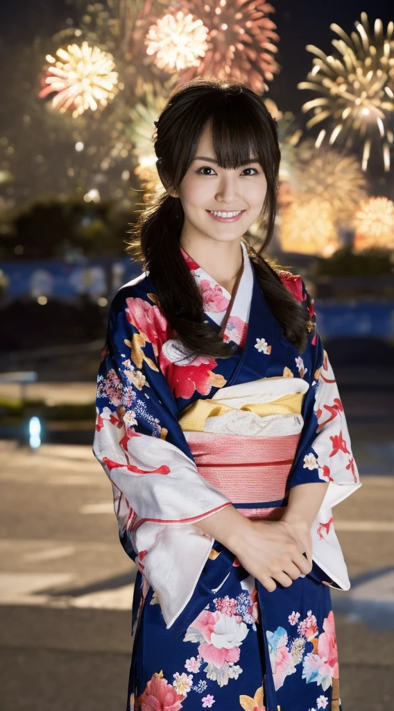 ((masterpiece(:1.4),Highest quality,Ultra-high resolution,Highest quality,8k,Extremely detailed,In detail))。night,Fireworks display,Summer festival,Japanese,Female college student,Yukata,Japanese hairstyle,geta,cute,Clear,(Fireworks displayのnightに河川敷で花火を背景にしたスナップ写真),Hyper Quality