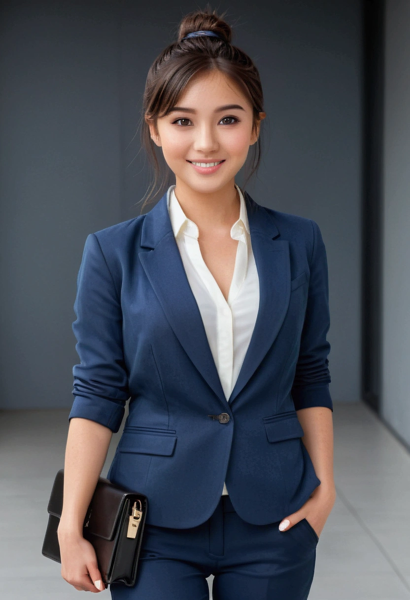 A highly realistic full-body image of a young girl standing by a modern office building. The girl has a radiant smile with large, expressive brown eyes, fair skin, and black hair styled in a sleek bun with side-swept bangs. She is wearing a fitted royal blue blazer over a white blouse, paired with black tailored trousers and black heels. She stands confidently with one hand holding a black leather briefcase and the other resting on her hip. The scene conveys a professional and sophisticated atmosphere.