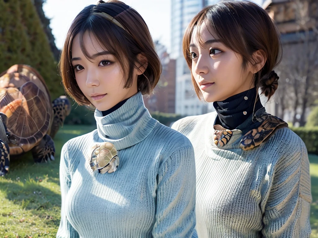 (((masterpiece, best quality,ultra-detailed,8k,high resolution))), (upper body),24 years old ,Japanese girl, 1girl, short hair, (Cover half face with a turtleneck sweater:2)