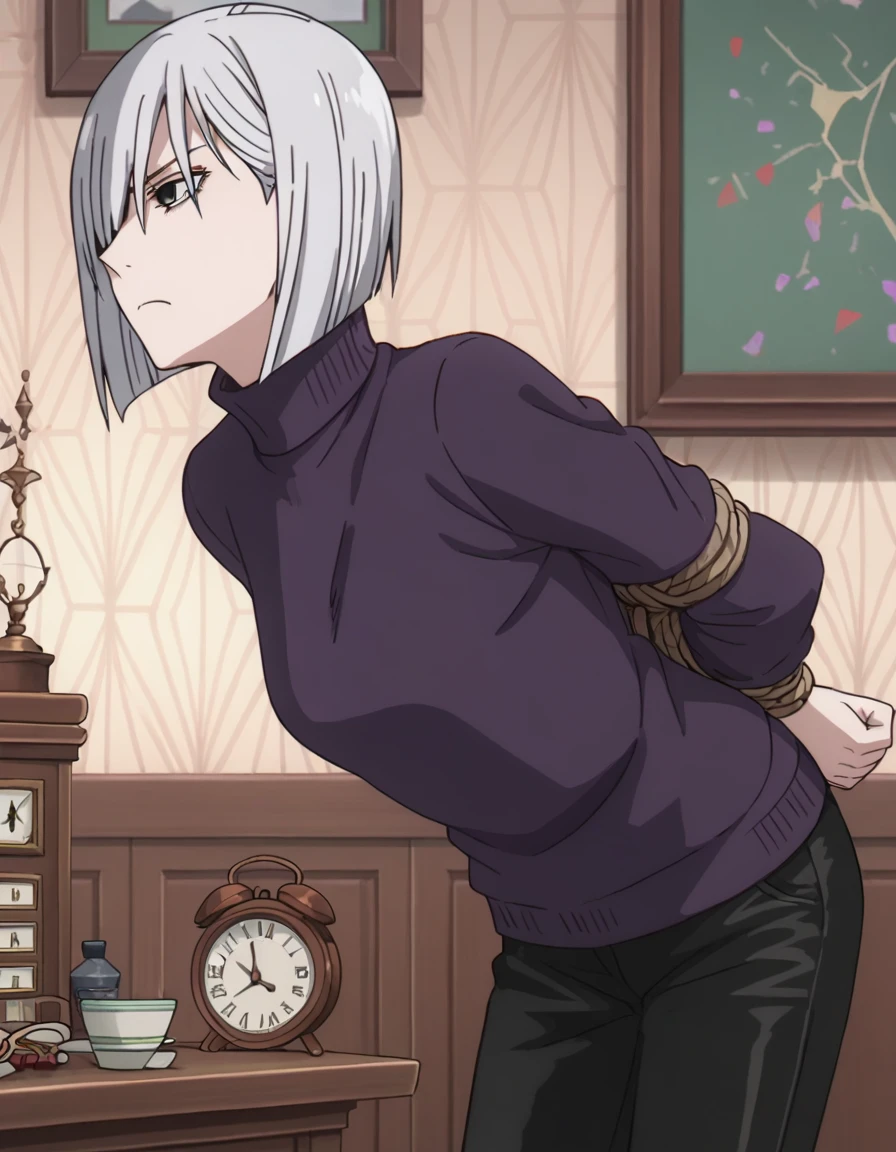 score_9, score_8_superior, score_7_superior, sauce_anime,
Fiona Frost, Fiona Frost, Gray Hair, short hair, Hair on one eye, Grey Eyes,
Long sleeve, pants, sweater, turtleneck, black pants, clock, turtleneck sweater, wristclock, purple sweater,
indoor, Leaning forward,Tied up with rope,gag,Struggling,