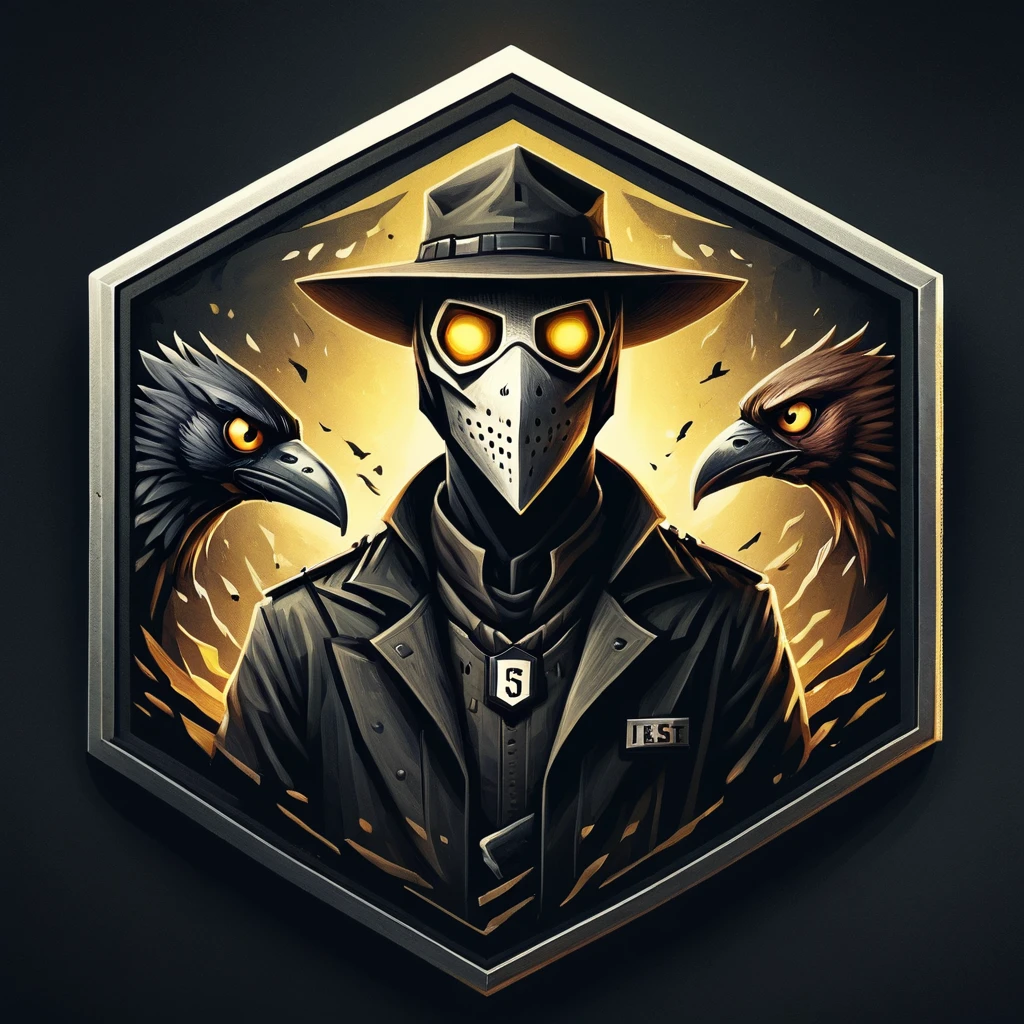 ultra high resolution, detailed, best quality, badgetype,solo badge,counter strike2 type badge,solo,looking at viewer,yellow eyes,1boy,male focus,no humans,mask,glowing,white background,portrait,straight-on,plague doctor, hat, solo, crow on shoulder