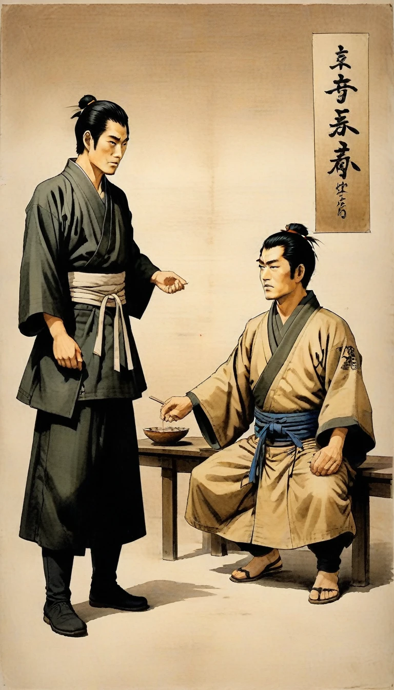 Kuroda Kanbei discussing the plan to make Hashiba Hidetoshi the adopted son of Mori Terumoto, with a scheming look on his face, digital art