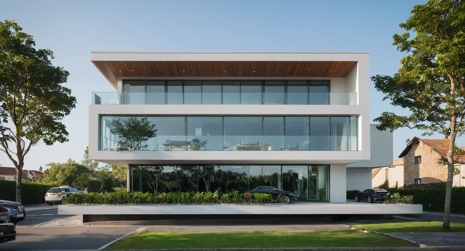 RAW photo, Masterpiece, (high quality:1.1), (masterpiece, best quality:1.5), best quality, (authentic:1.5), (super detail:1.7), House 01., outdoors, sky, tree, no humans, window, plant, ground vehicle, building, scenery, motor vehicle, car, road, vehicle focus, street, exterior, green buildings in street, railing glass, glass windows, roof, ark, facade, modern style, martix, beautiful, architectural rendering, movie light scene, high resolution, realistic, 8k uhd, dslr, soft lighting, high quality, film grain, Fujifilm XT3