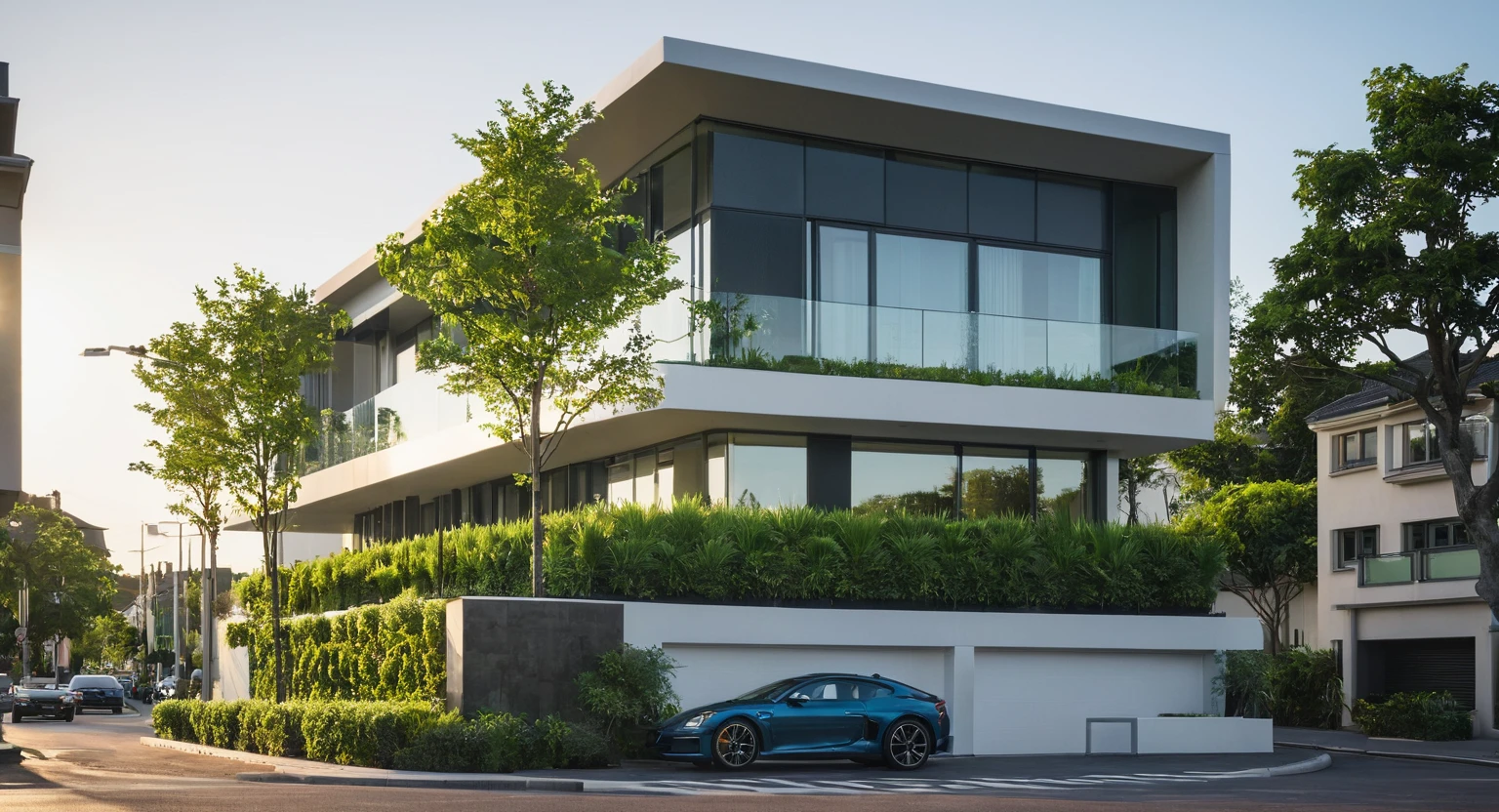 RAW photo, Masterpiece, (high quality:1.1), (masterpiece, best quality:1.5), best quality, (authentic:1.5), (super detail:1.7), House 01., outdoors, sky, tree, no humans, window, plant, ground vehicle, building, scenery, motor vehicle, car, road, vehicle focus, street, exterior, green buildings in street, railing glass, glass windows, roof, ark, facade, modern style, martix, beautiful, architectural rendering, movie light scene, high resolution, realistic, 8k uhd, dslr, soft lighting, high quality, film grain, Fujifilm XT3