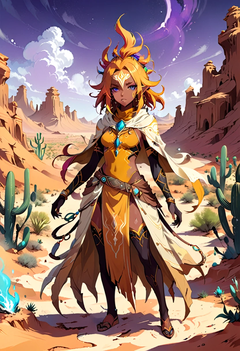 high quality digital illustration of the Oracle of the Ochre Oasis, an Adoptable character with a Cannibalistic trait, showcasing a new attitude. fantasy art, mystical, detailed character design, vibrant colors, desert environment, mysterious, character concept art, standing pose, magical elements, unique character, concept art, original creation