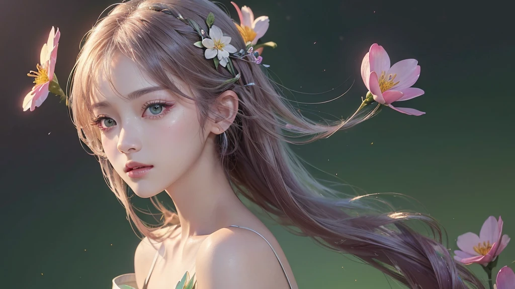 One girl, alone, flower畑, flower, (Official Art, unity 8k wallpaper, Super detailed, beautifully、aesthetic, masterpiece ,Highest quality:1.3), (Dynamic Angle:1.2), (Floating colorful sparkles:1) , elegant, Vibrant colors, Highly detailed face, Detailed eyes, Glowing Skin, Glossy Lips , Pale green background,
