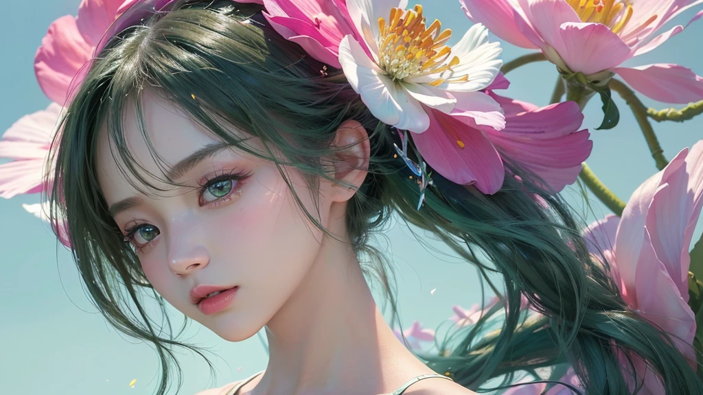One girl, alone, flower畑, flower, (Official Art, unity 8k wallpaper, Super detailed, beautifully、aesthetic, masterpiece ,Highest quality:1.3), (Dynamic Angle:1.2), (Floating colorful sparkles:1) , elegant, Vibrant colors, Highly detailed face, Detailed eyes, Glowing Skin, Glossy Lips , Pale green background,