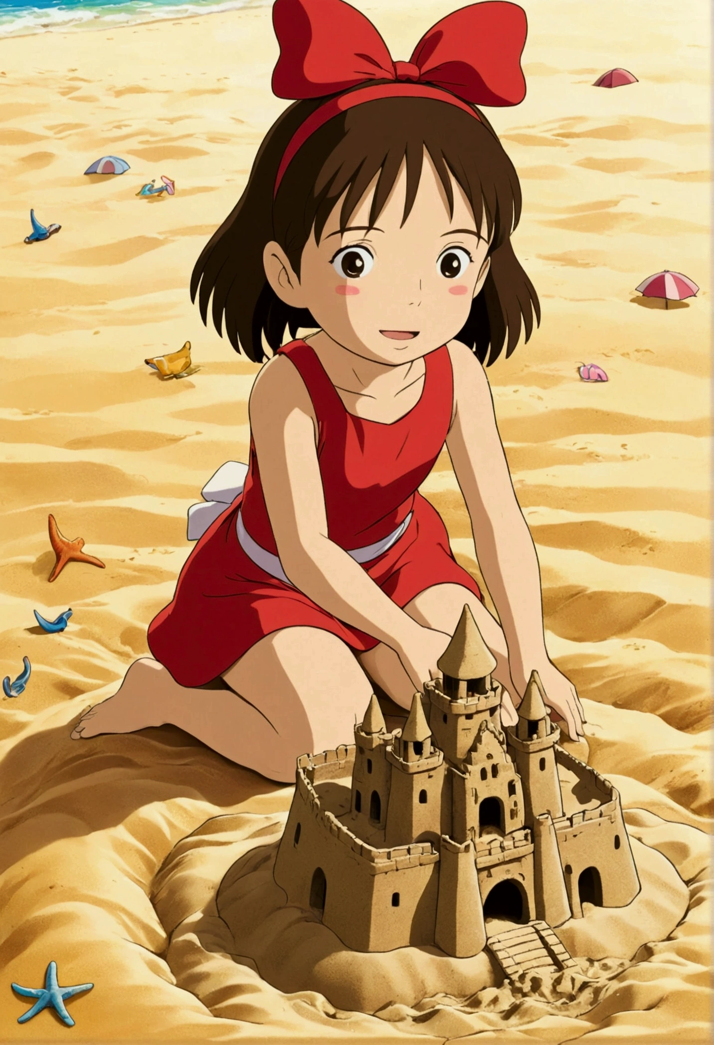 Ghibli　Summer Beach　Playing in the sand　Build a small sand castle　girl