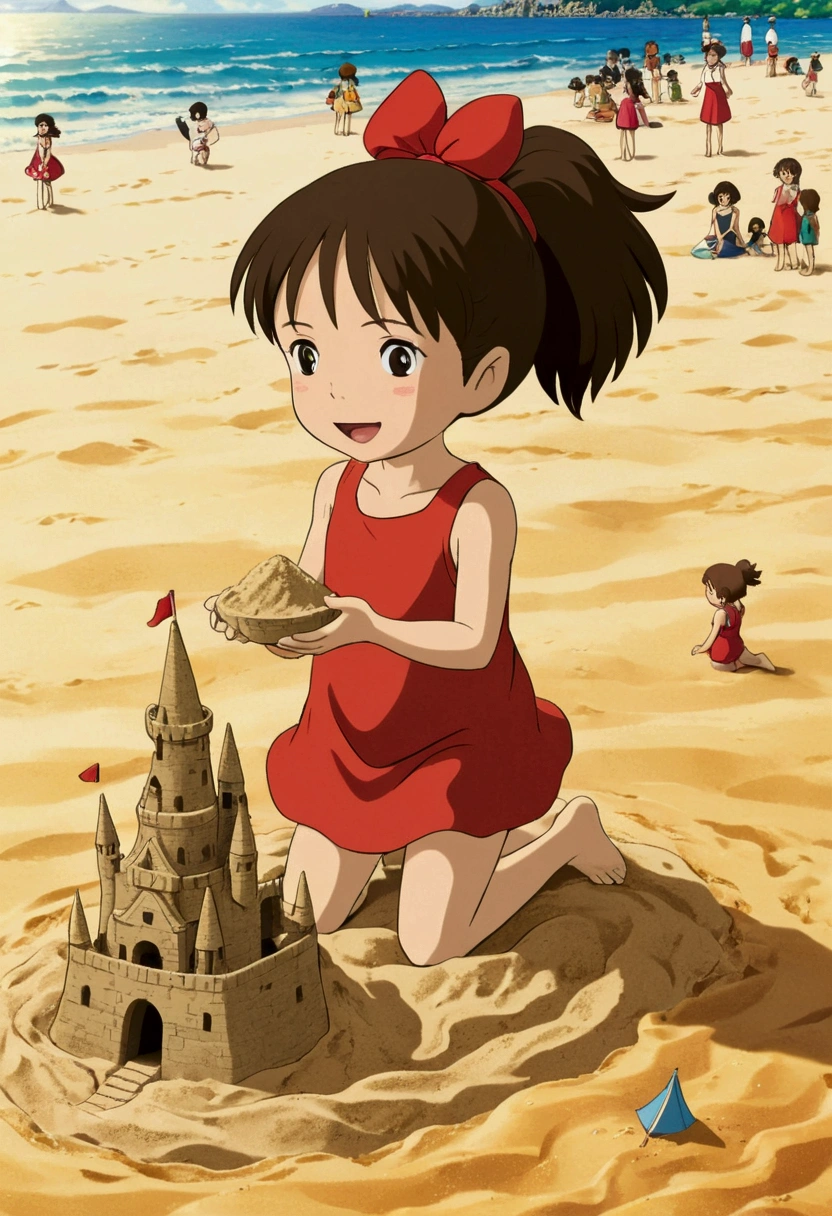 Ghibli　Summer Beach　Playing in the sand　Build a small sand castle　girl