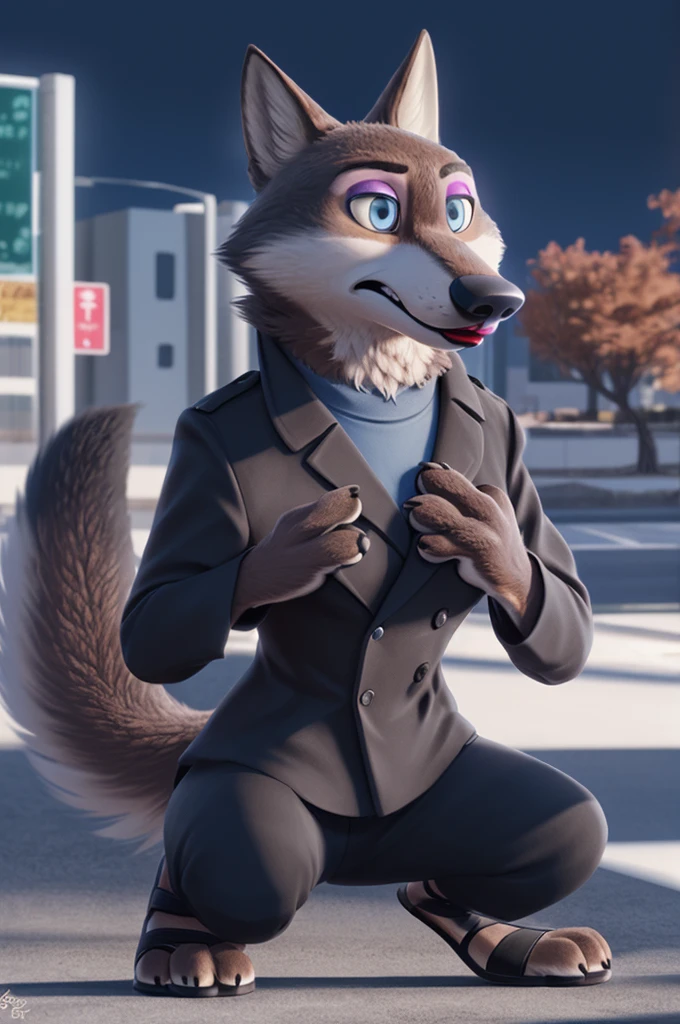 Emilia (Zootopia), wolf, Gray Fur, (brown body:1.3), Blue eyes, Zootopia, makeup,lipstick, dressed,black jacket,shirt,black pants,pink,sandals, female breast,canine, Wolf, Detailed fur, Female, antro, paw pads, finger claws, At the viewer, 5 fingers, paws, 5 fingers,goes to a women's shoe store and chooses heels,mood,open mouth, flash cameras, loving husband,two children,close to the camera,holding high heel sandals,
BREAK from nextel, for dating, by xenoforge, (difficult, high detail, film photography, soft focus, RAW, fluororealism, realistic, photorealistic, digital style, Subsurface scattering,in a women's shoe store, it's sitting, office,
masterpiece, Best quality, ultra realistic, 8 k)