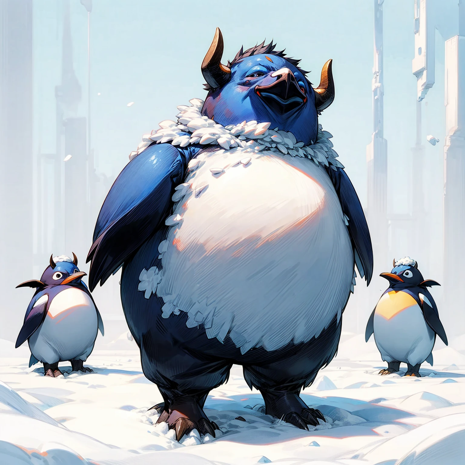 1character, Full body version, blue bison mixed with penguin, blue eyes, bison head mixed, very fat stomach, Grassroots, full background in snow