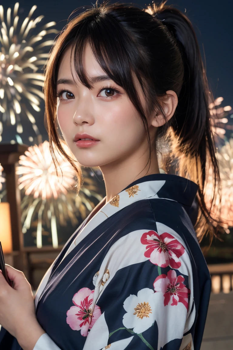 Highest quality, The finer details, (Beautiful One Woman))), Highly detailed eyes and face, firework, yukata, looking up at firework, ponytail, Large tear bags, double eyelid