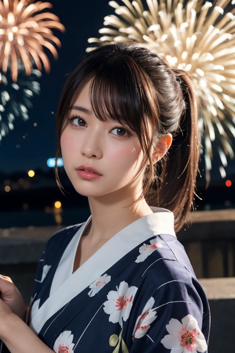 Highest quality, The finer details, (Beautiful One Woman))), Highly detailed eyes and face, firework, yukata, looking up at firework, ponytail, Large tear bags, double eyelid