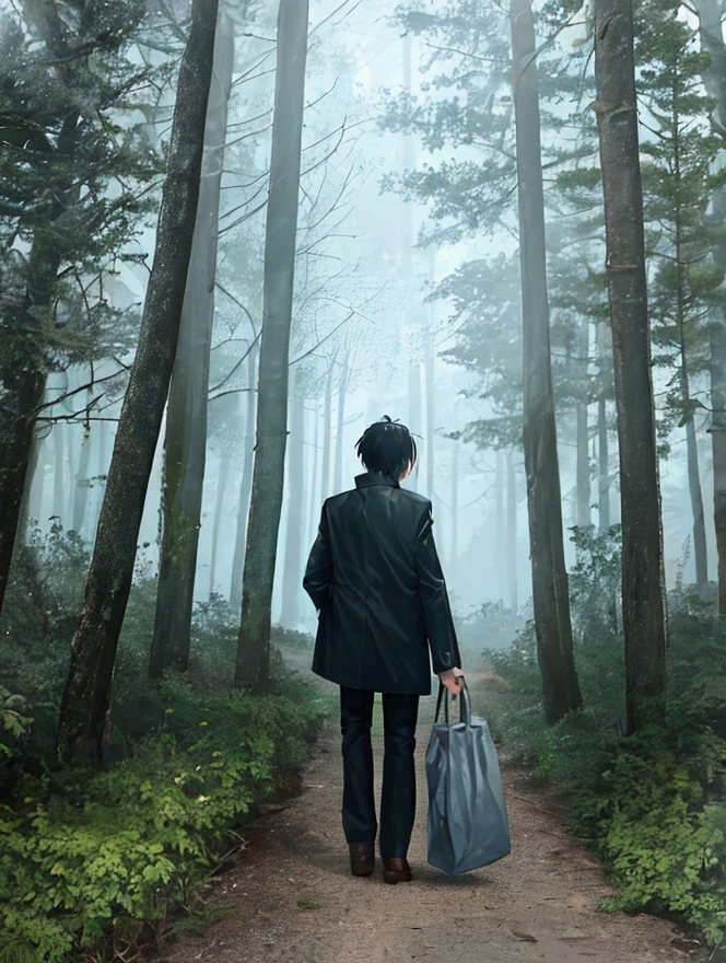 "Create an image of a dark, foggy forest path. On this path, there are three characters in anime/manga style: one character is standing in the foreground with their back facing the viewer, wearing a and carrying a bag. Further down the path, there are two characters holding hands and walking away from the viewer. The foreground character appears to be observing the two characters in the distance."