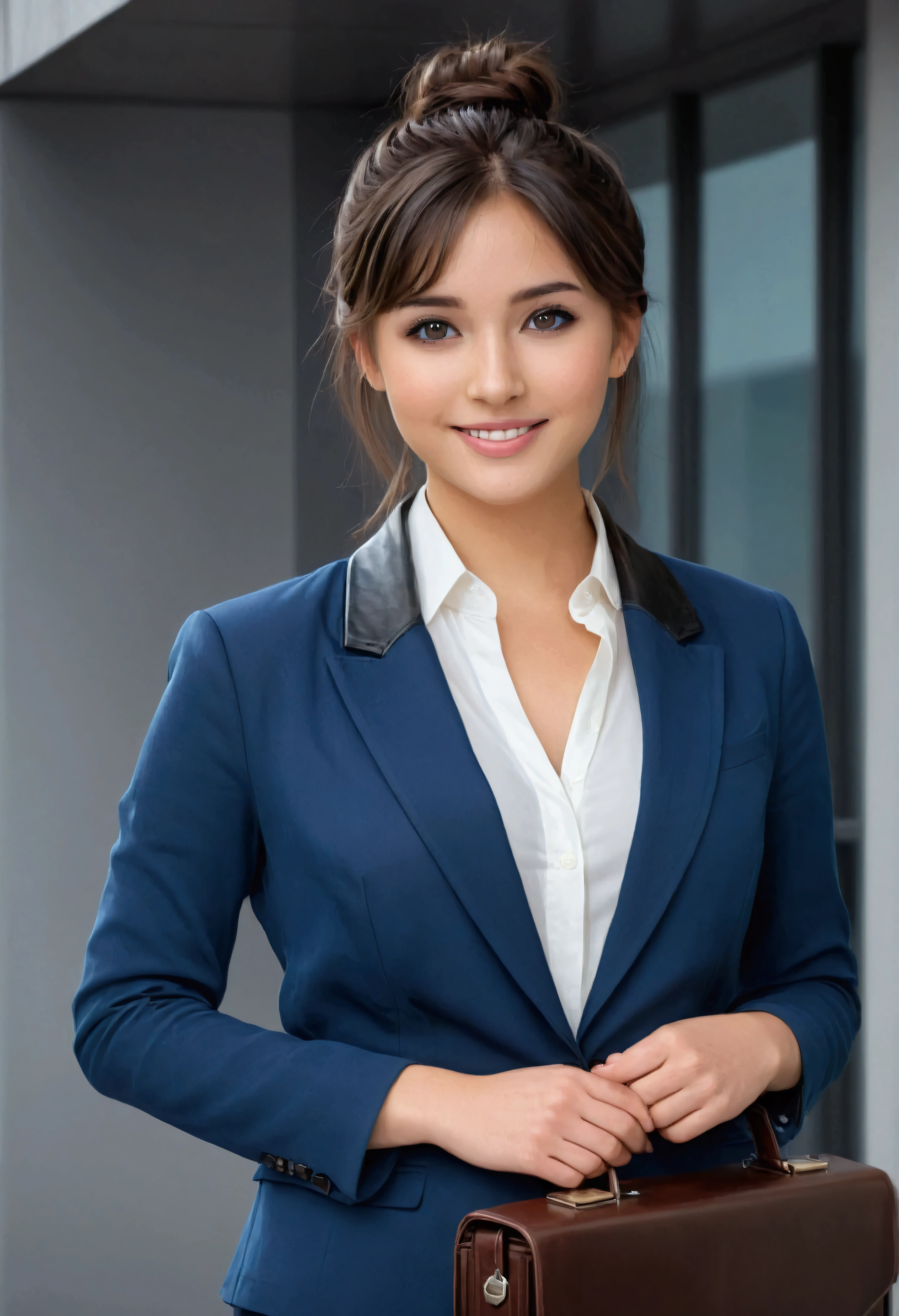 A highly realistic full-body image of a young girl standing by a modern office building. The girl has a radiant smile with large, expressive brown eyes, fair skin, and black hair styled in a sleek bun with side-swept bangs. She is wearing a fitted royal blue blazer over a white blouse, paired with black tailored trousers and black heels. She stands confidently with one hand holding a black leather briefcase and the other resting on her hip. The scene conveys a professional and sophisticated atmosphere.