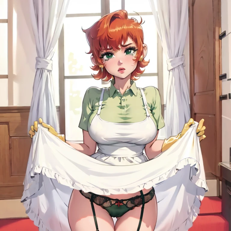 short hair, Red hair, green t-shirt, sad abode, tears, green dress, Lifts her dress to show her sexy panties, big breasts, garter belt in each stocking, White apron, yellow gloves, black panties, sexy black underwear.