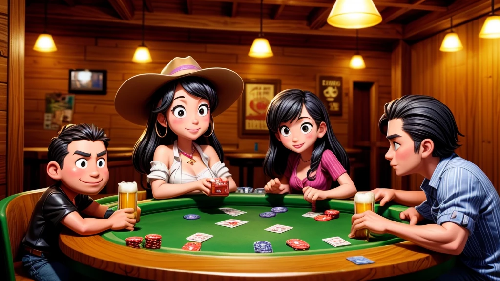 a cowgirl playing poker in a western saloon, leather jacket, jeans, beer, cigar smoke, drunk causing trouble, highly detailed, photorealistic, masterpiece, award winning, cinematic lighting, dramatic composition, warm color palette, realistic textures, extreme fine details, hyper realistic, 8k, HDR, physically-based rendering