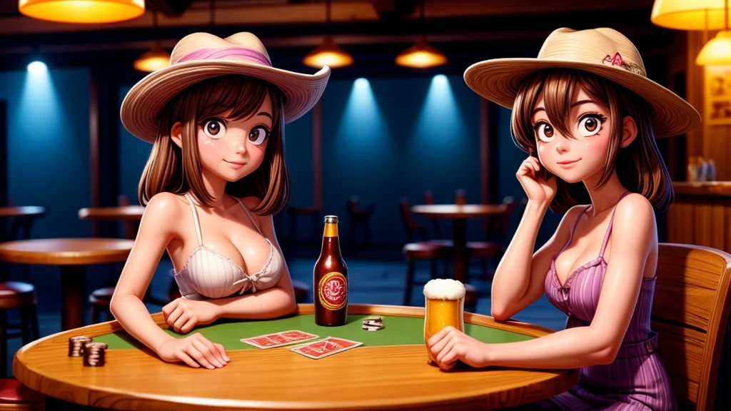 a cowgirl playing poker in a western saloon, leather jacket, jeans, beer, cigar smoke, drunk causing trouble, highly detailed, photorealistic, masterpiece, award winning, cinematic lighting, dramatic composition, warm color palette, realistic textures, extreme fine details, hyper realistic, 8k, HDR, physically-based rendering
