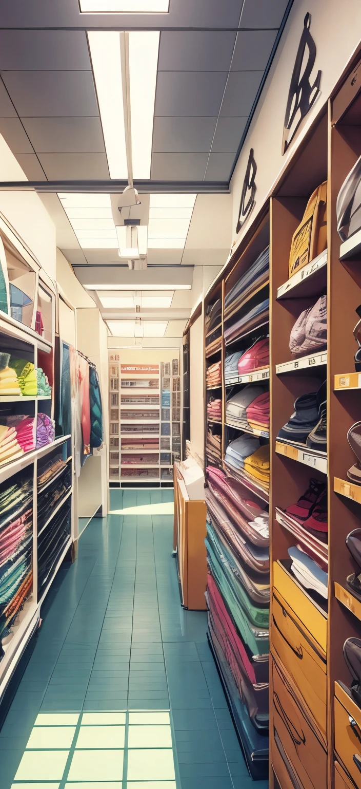 background, inside shop, shop, apparel shop, fashion, from the front,Colored pencil tone