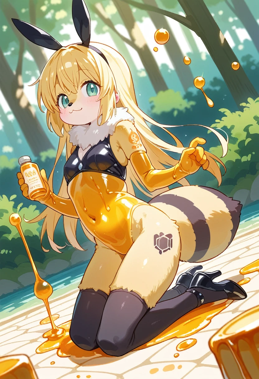 Highest quality, Highest quality, High quality illustrations, masterpiece, Ultra-high resolution, Detailed Background, honeycomb, in the forest, Absurd, Perfect Anatomy, performance, Good lighting, Shadows in the movies(kemono, Furry Personifi猫ion), bee, Honey Skin, Honey Latex, Honey Latexスーツ, Honey Lotion, beeスーツ, beeのコスチューム, beeのコスプレ, ゴム製のbeeのしっぽ, beeの羽, Honey Pool, Honey Lotionを浴びている, Covered entirely in honey slime, Kneeling, Tattoo, High heels, Honey Latexマスク, Dynamic Angle